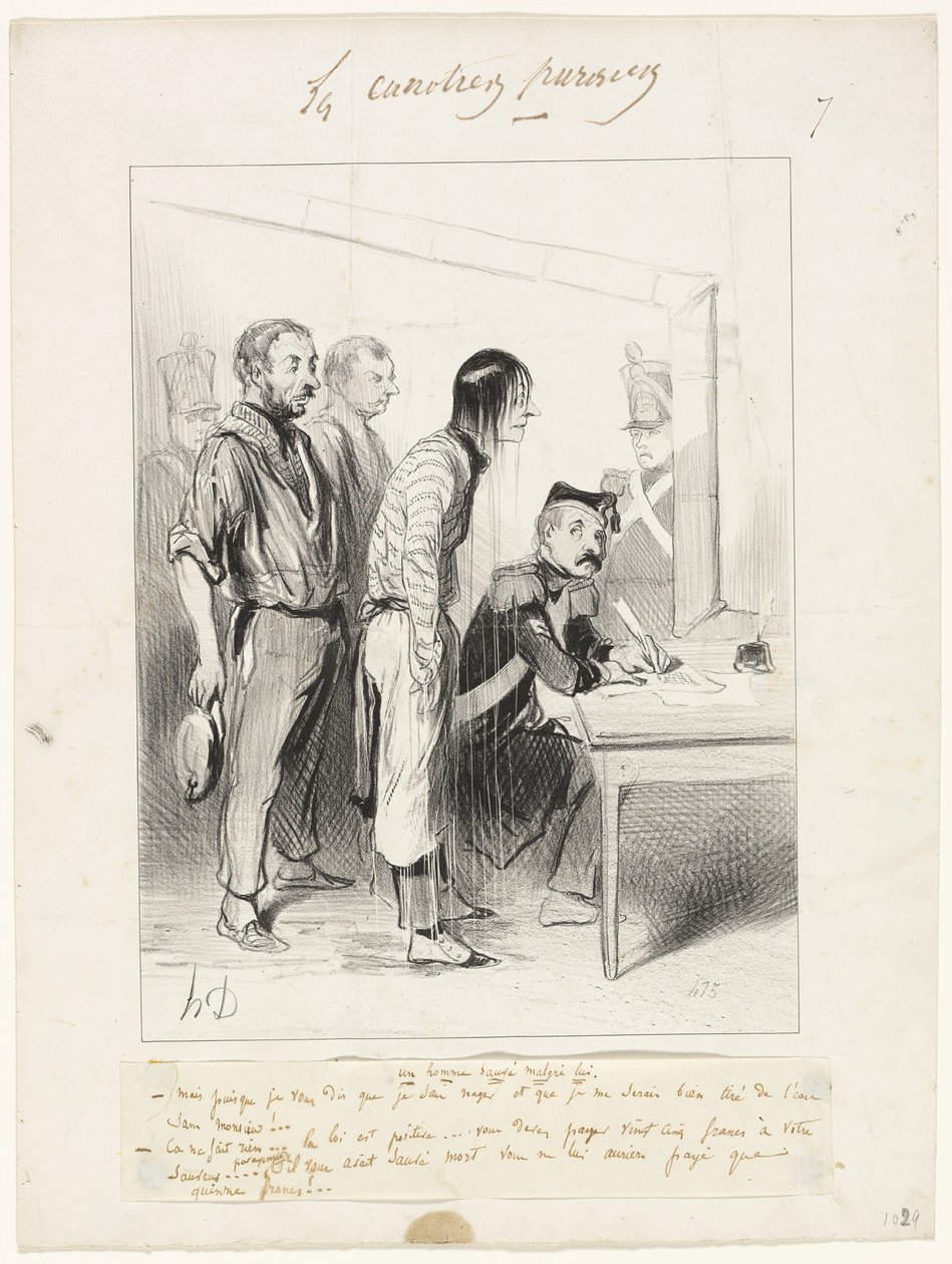 Mies pelastui vastoin tahtoaan, levy seitsemän teoksesta Les Canotiers Parisiens. tekijältä Honoré Victorin Daumier