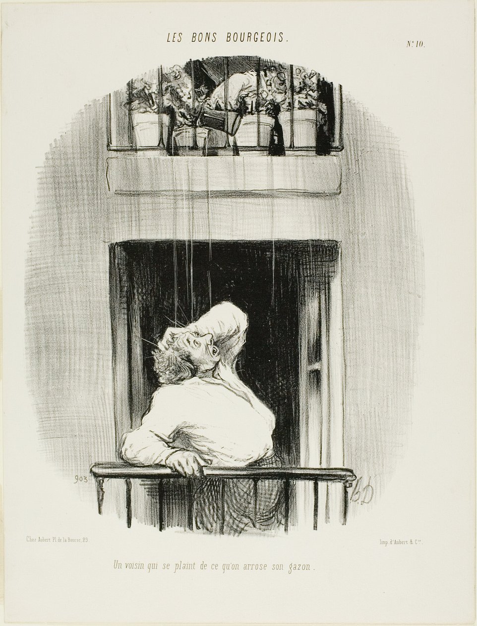 Naapuri valittaa nurmikkonsa kastelemisesta, levy kymmenen teoksesta Les Bons Bourgeois (suomennos) tekijältä Honoré Victorin Daumier