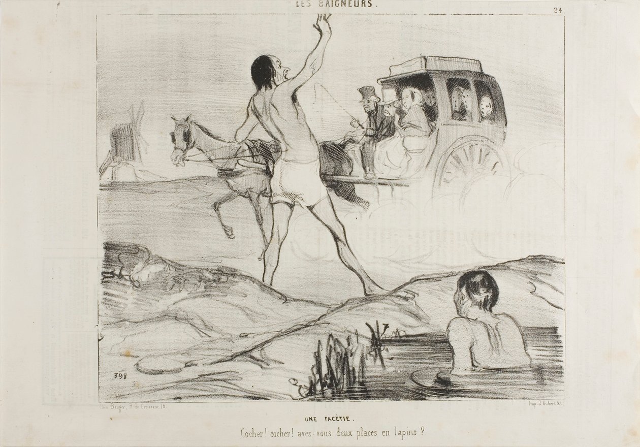 Käytännön vitsi. "Kuljettaja! Kuljettaja! Onko teillä vielä kaksi paikkaa jänisosastolla", levy 24 elokuvasta Les Baigneurs. tekijältä Honoré Victorin Daumier