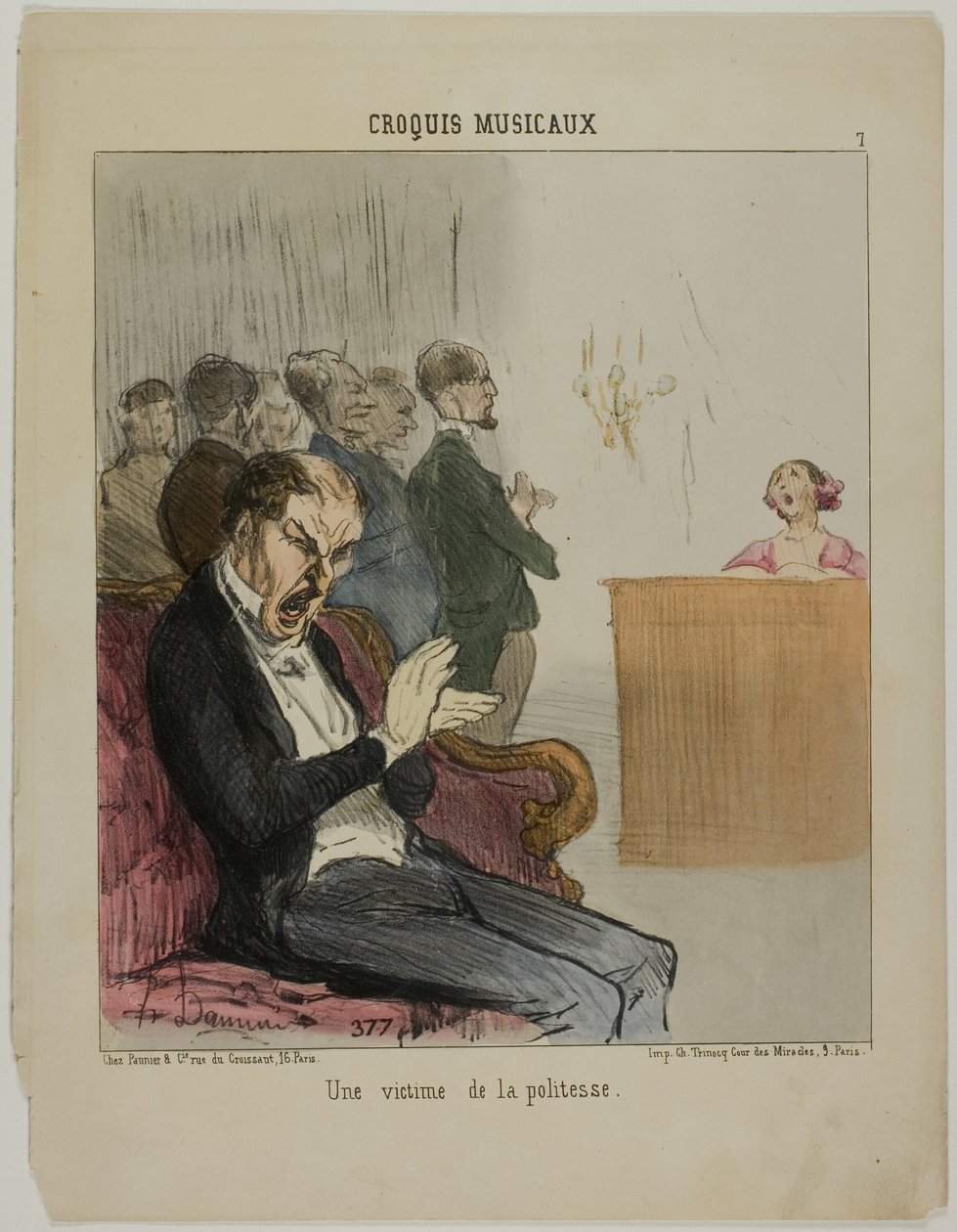 Oman kohteliaisuutensa uhri, laatta 7 alkaen Croquis Musicauxista tekijältä Honoré Victorin Daumier