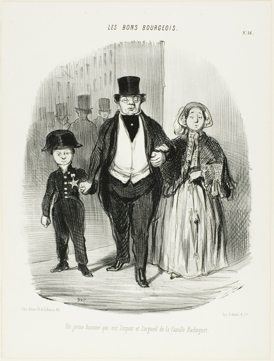 Nuori mies, joka on Badinguetin perheen ylpeys ja toivo, levy 16 teoksesta Les Bons Bourgeois. tekijältä Honoré Victorin Daumier