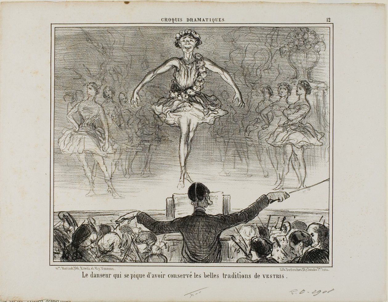 Tanssija, joka väittää säilyttäneensä suuren VESTRI-perinteen, levy 12 Croquis Dramatiques -teoksesta. tekijältä Honoré Victorin Daumier