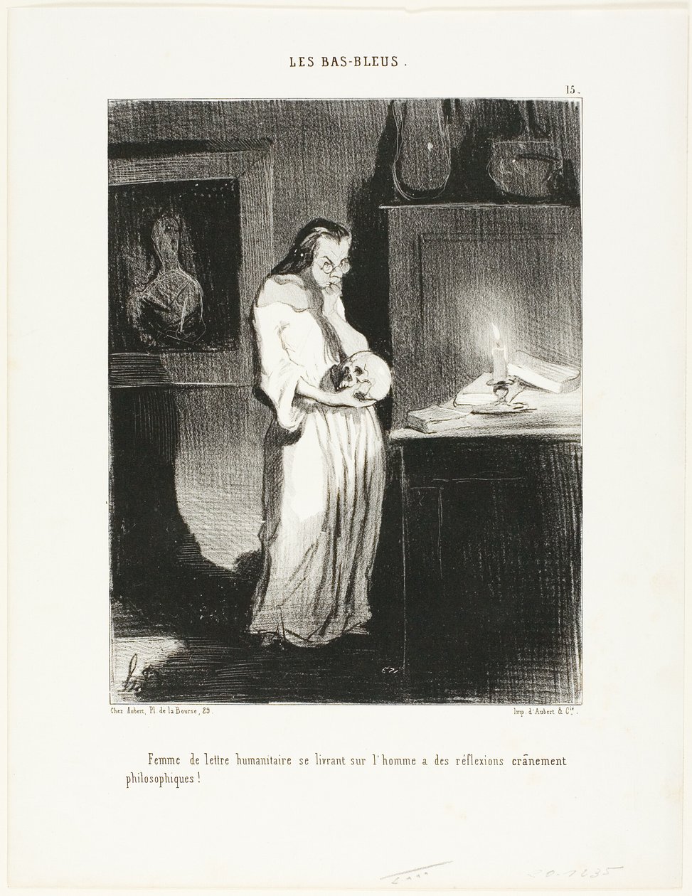 Humanistinen kirjailijanainen antautumassa aivofilosofisiin pohdintoihin ihmisestä!", levy 15 teoksesta Les Bas-Bleus. tekijältä Honoré Victorin Daumier