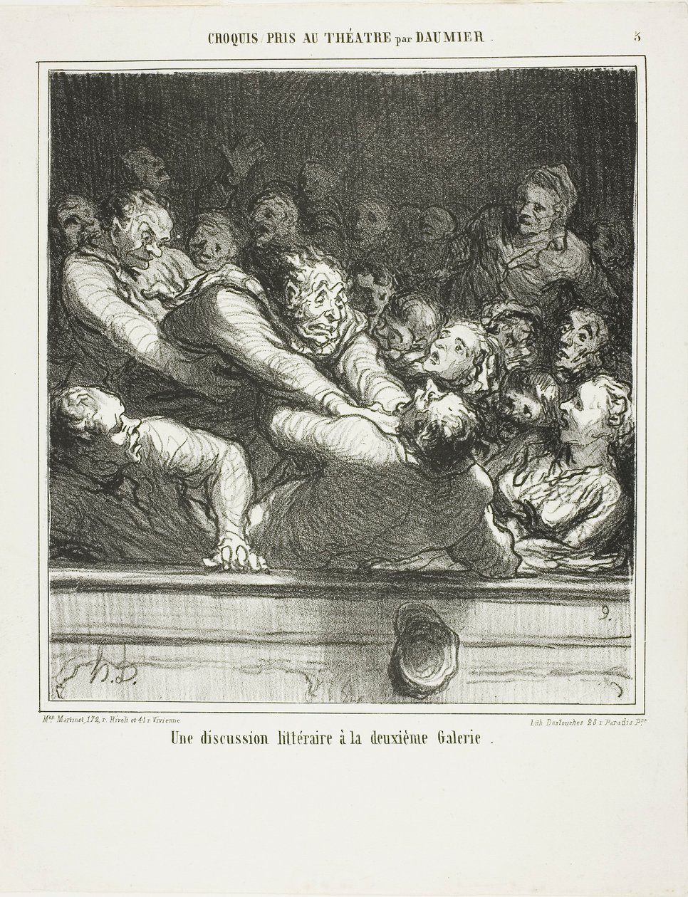 Kirjallinen väite toisesta kerroksesta, levy 3 teoksesta Croquis Pris Au Théatre par Daumier. tekijältä Honoré Victorin Daumier
