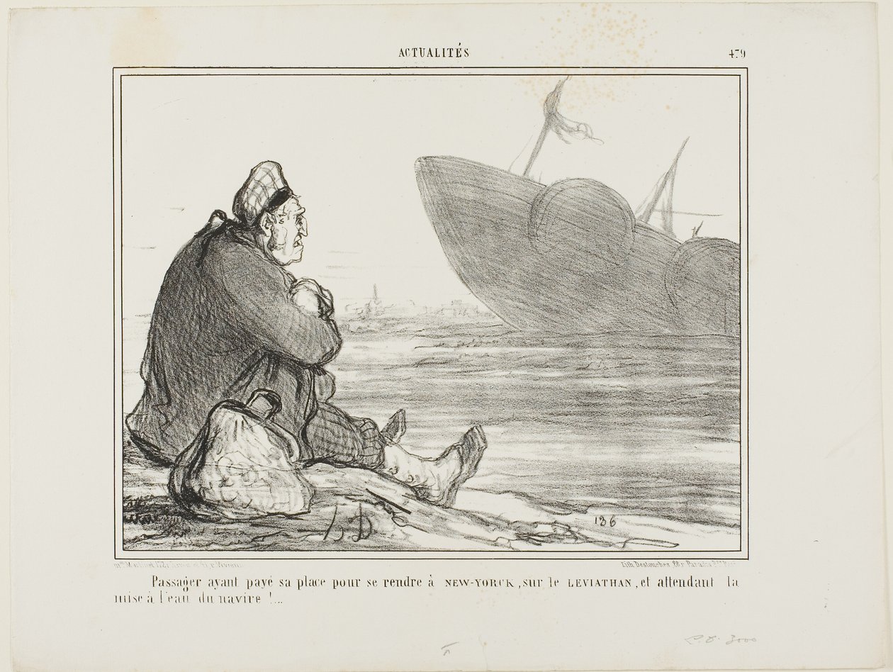 Matkustaja, joka on maksanut lippunsa NEW YORKiin LEVIATHAN-aluksella, odottaa, että laiva lopulta lasketaan veteen, kuva 479 Actualités-julkaisusta. tekijältä Honoré Victorin Daumier