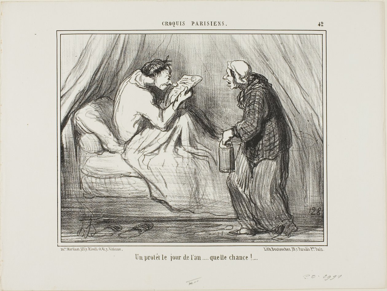 "Mielenosoitus uudenvuodenpäivänä! Mikä onni! ...........", laatta 42 Croquis Parisiens -teoksesta. tekijältä Honoré Victorin Daumier