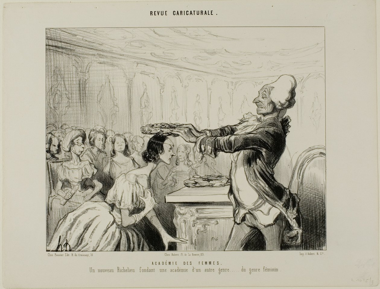Naisten akatemia. Uusi Richelieu, joka perusti uuden, toisenlaisen akatemian.... naissukupuolta edustavan akatemian, levy 33 Revue Caricatureale -lehdestä. tekijältä Honoré Victorin Daumier