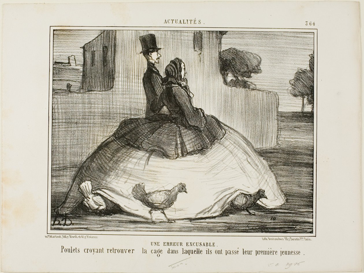Anteeksiannettava virhe. Kanat luulevat löytäneensä häkin, jossa ne viettivät varhaislapsuutensa, kuva 21 La Crinolomanie -lehdestä. tekijältä Honoré Victorin Daumier