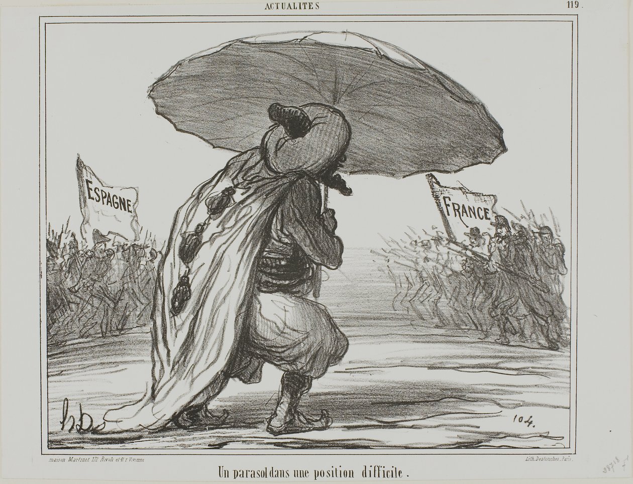 Sateenvarjo vaikeassa paikassa, levy 119 asiakirjasta Actualités. tekijältä Honoré Victorin Daumier