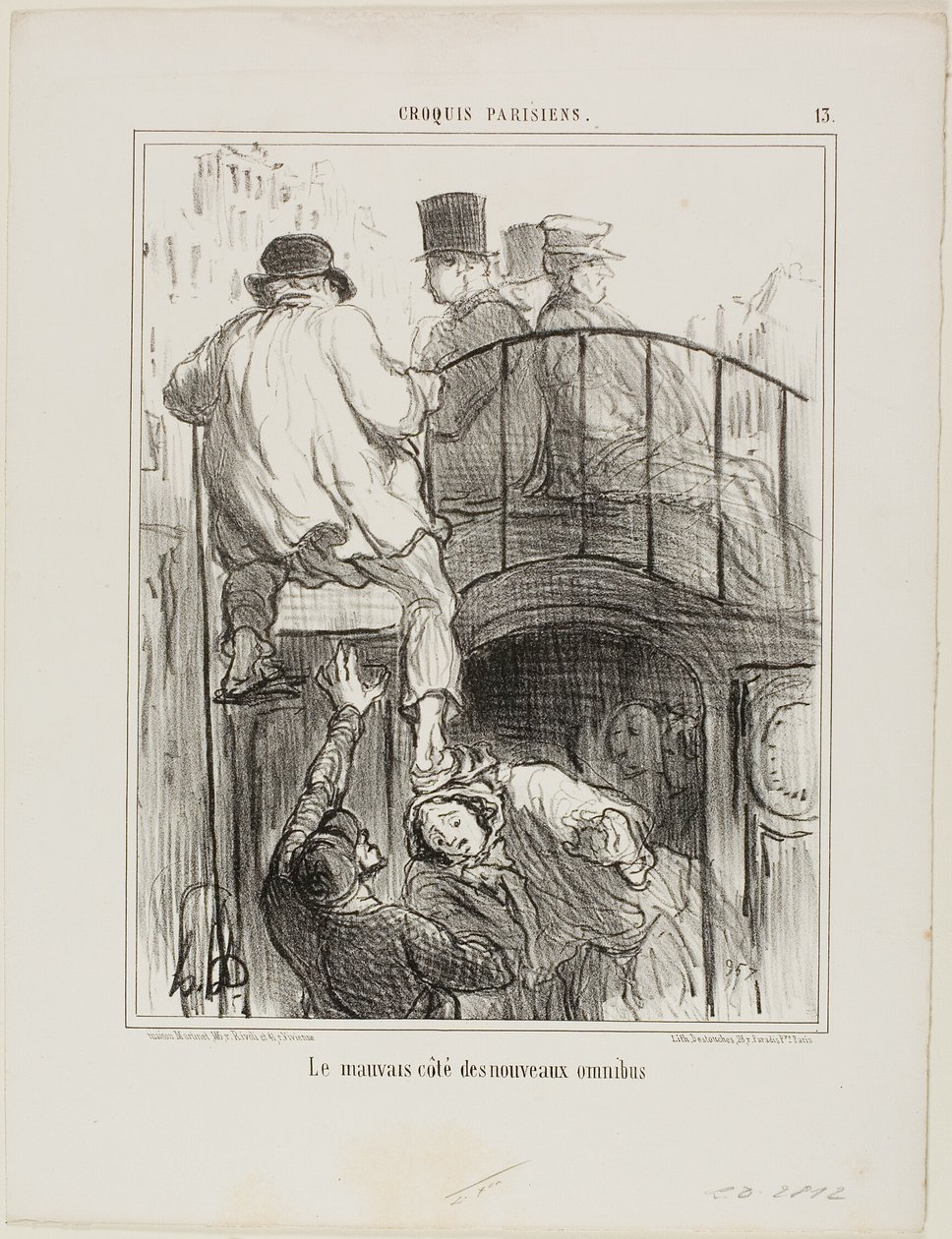Uuden tyyppisen omnibussin epämiellyttävä puoli, Croquis Parisiens -lehden levy 13. tekijältä Honoré Victorin Daumier