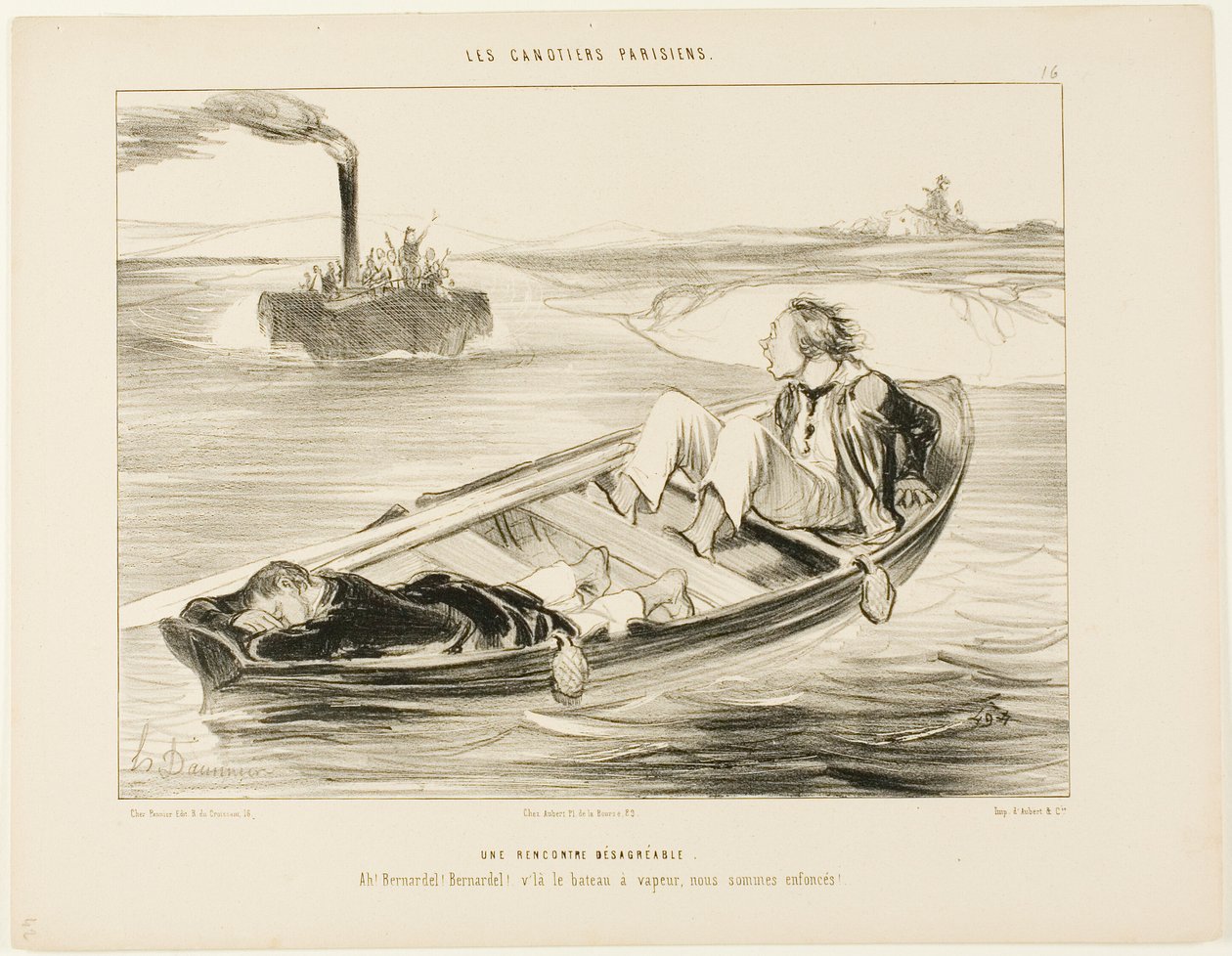 Epämiellyttävä kohtaaminen. "Bernardel, Bernardel! Täältä tulee höyrylaiva... me uppoamme!", levy 16 teoksesta Les Canotiers Parisiens. tekijältä Honoré Victorin Daumier
