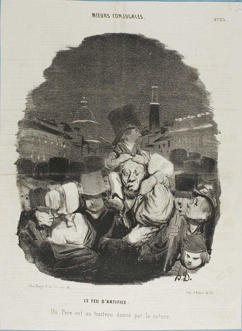 Ilotulitusnäytöksessä. Isä on luonnon tarjoama vetohevonen, kuva 33 Moeurs Conjugales -lehdestä ja kuva 14 Actualités-lehdestä. tekijältä Honoré Victorin Daumier