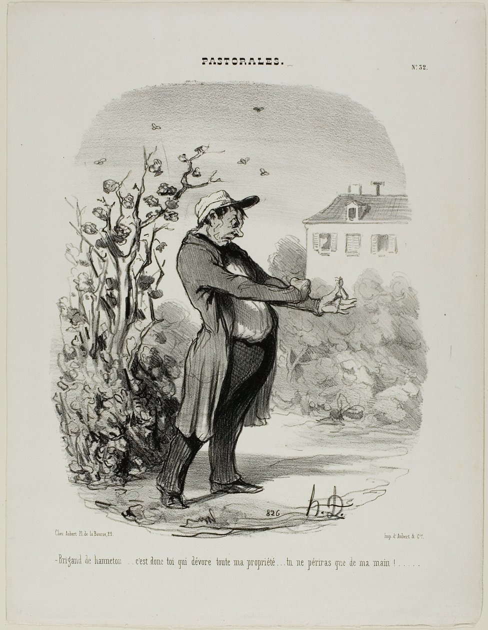 "Maija-bugin ryöstäjä... sinä olet se, joka ahmii kaiken omaisuuteni. Häviät käteni kautta!", levy 32 Pastoralesista. tekijältä Honoré Victorin Daumier
