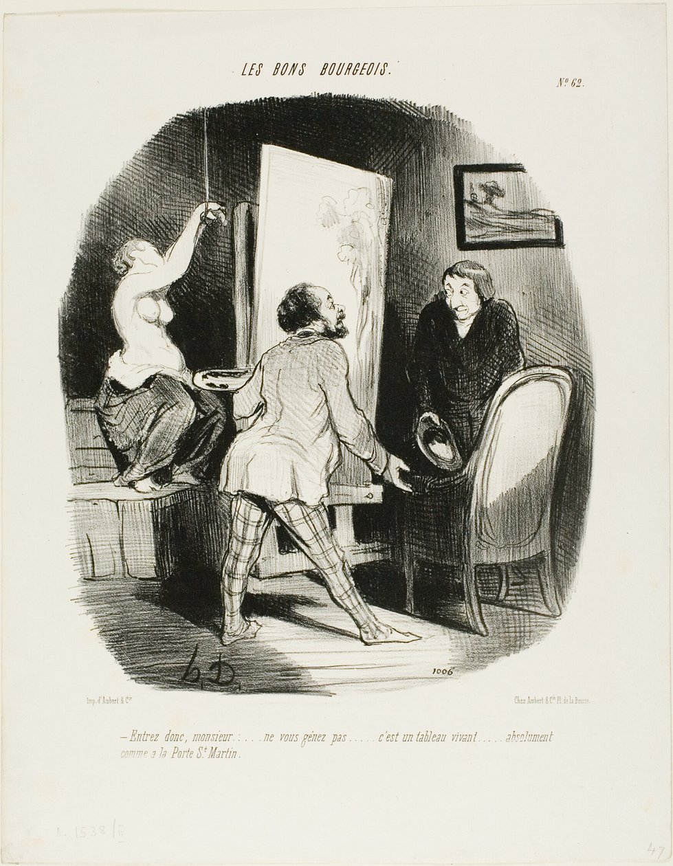 "Tulkaa sisään, monsieur, älkää ujostelko. Se on elävä kuva.... aivan kuten (näette) Porte St. Martinissa", lautanen 62 teoksesta Les Bons Bourgeois. tekijältä Honoré Victorin Daumier