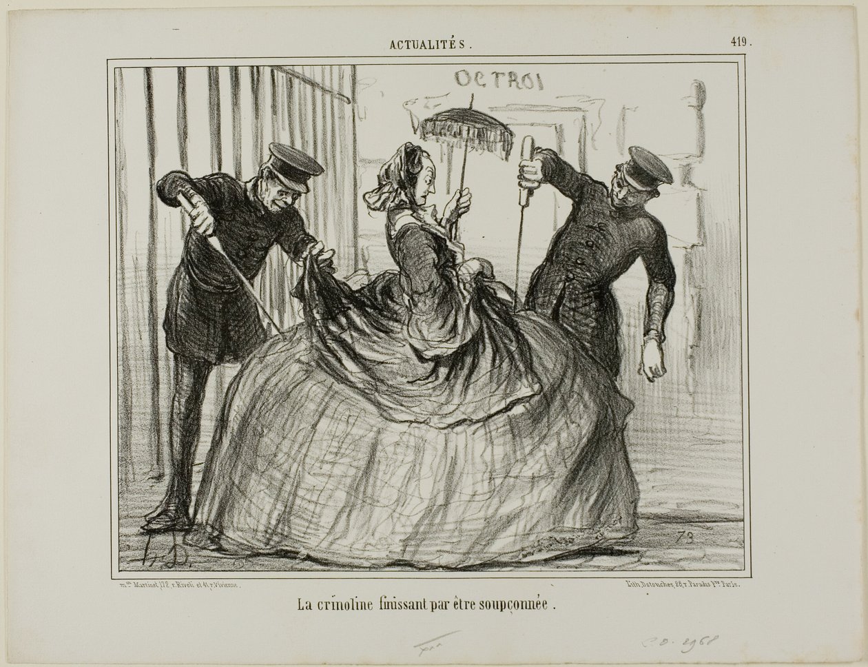 Crinolines alkaa yhtäkkiä olla epäilyttävää, kilpi 419 Actualitésista. tekijältä Honoré Victorin Daumier