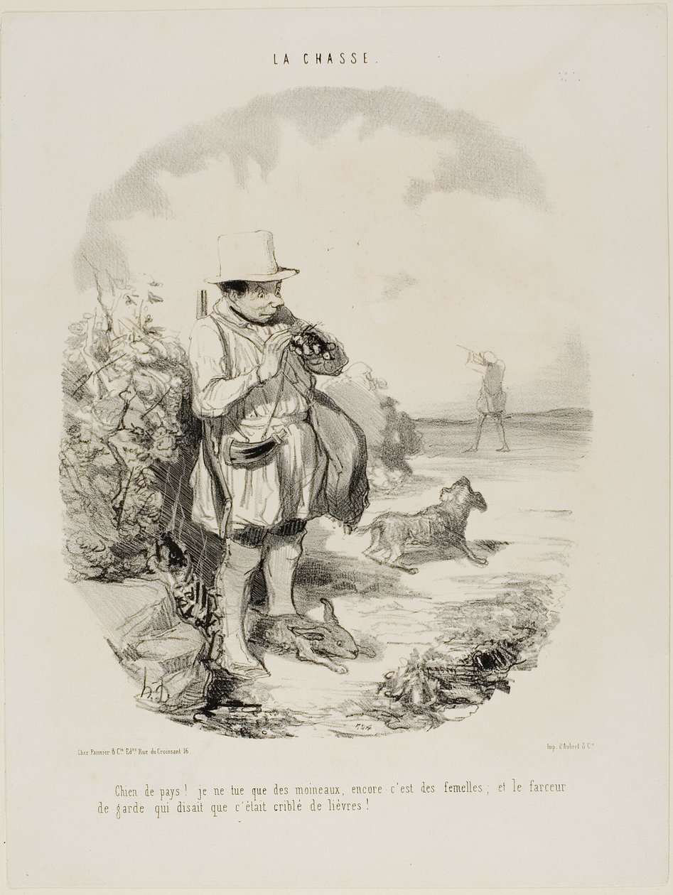 "Pirun maa! Ammun vain varpusia.... ja vain naaraita... ja tämä nerokas vartija vaati, että paikka on täynnä jäniksiä", kilpi 5 La Chassesta. tekijältä Honoré Victorin Daumier