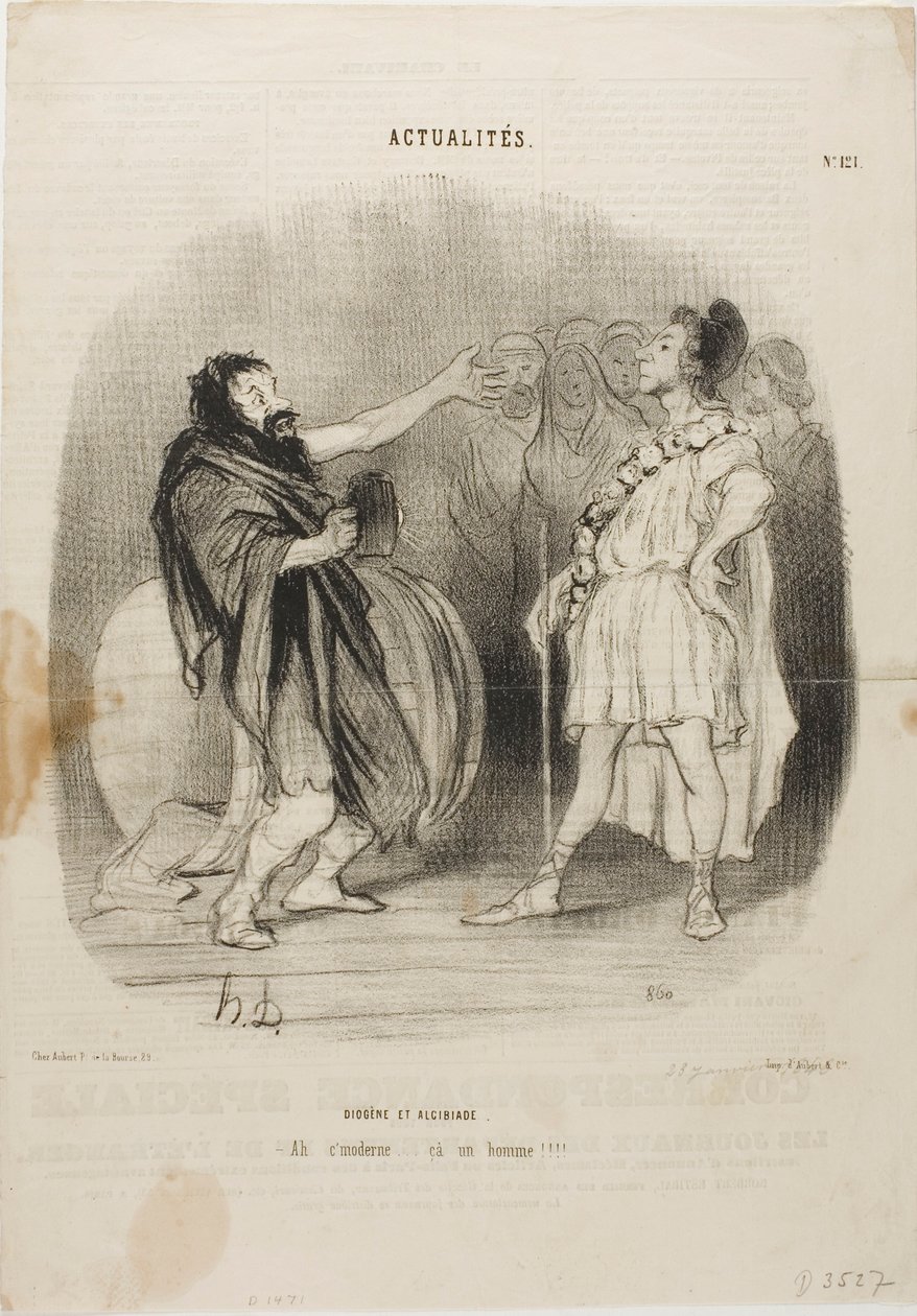 Diogenes ja Alcibiades Odeonissa. "- Ah... se on modern....millainen mies!", levy 121 Actualitésista. tekijältä Honoré Victorin Daumier
