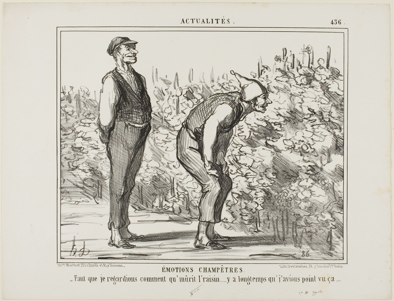 Tunteita maaseudulta. "- Täytyy nähdä, miten viini kasvaa... ei ole koskaan nähnyt sitä ennen...", levy 436 Actualitésista. tekijältä Honoré Victorin Daumier
