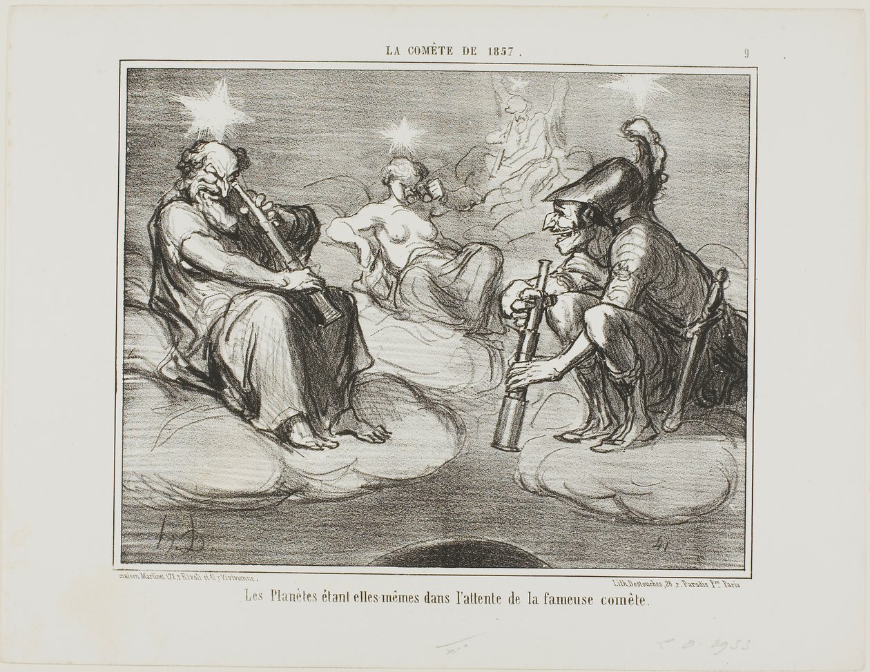 Jopa planeetat seuraavat kiinnostuneina kuuluisan komeetan saapumista, levy 9 teoksesta La Cométe De 1857. tekijältä Honoré Victorin Daumier