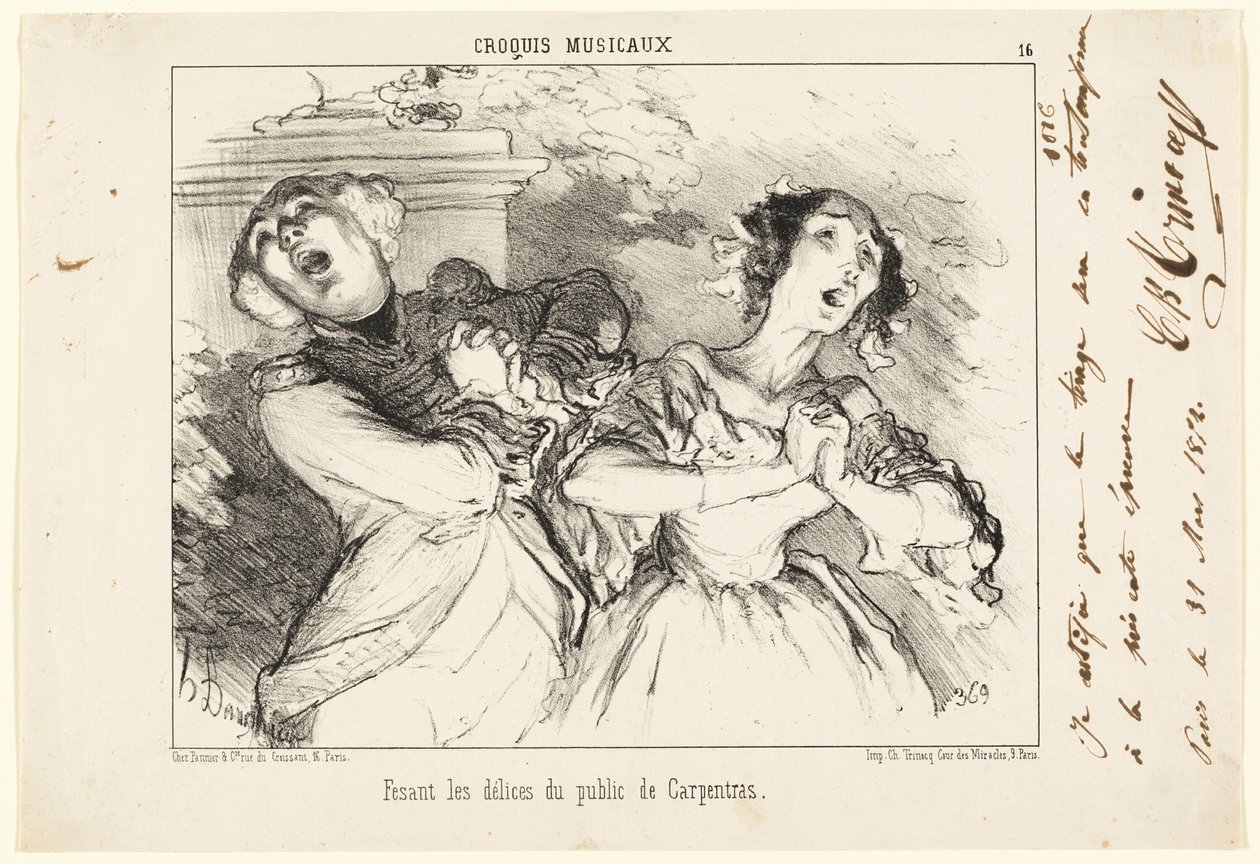 Carpentrasin nautinnot yleisölle, levy 16 Croquis Musicaux -teoksesta. tekijältä Honoré Victorin Daumier