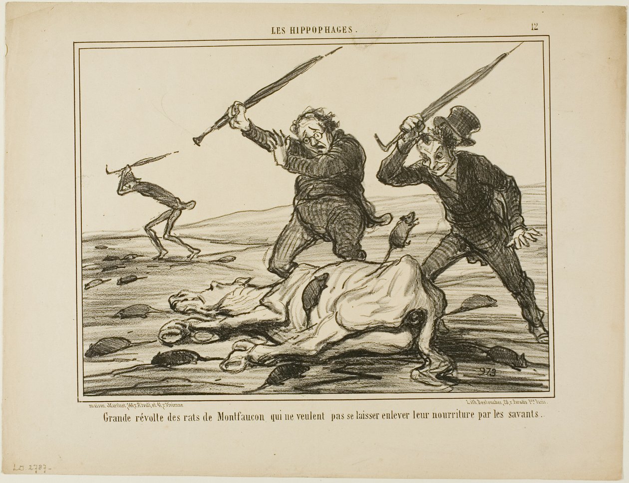 Montfauconin rottien suuri kapina, jotka eivät halua, että tiedemiehet vievät heidän ruokansa, levy 12 teoksesta Les Hippophages. tekijältä Honoré Victorin Daumier