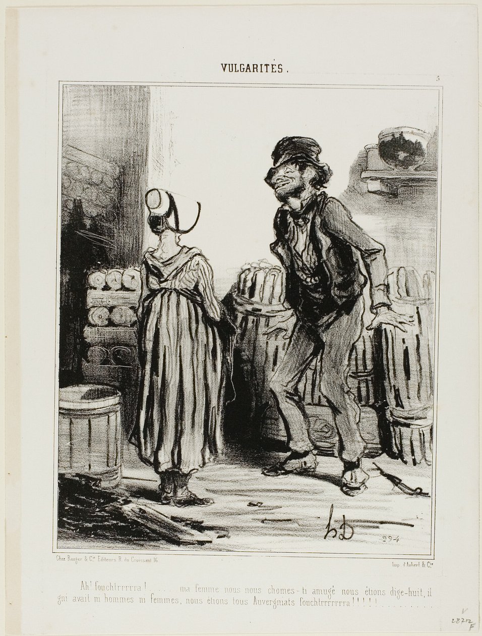 "Ha! Hemmmmmmmnit vaimo... kuinka hauskaa meillä olikaan, kun olimme kahdeksantoista.... ei miehiä ei naisia..... vain me Auvergnen asukkaat", levy 5 Vulgarités-ohjelmasta. tekijältä Honoré Victorin Daumier