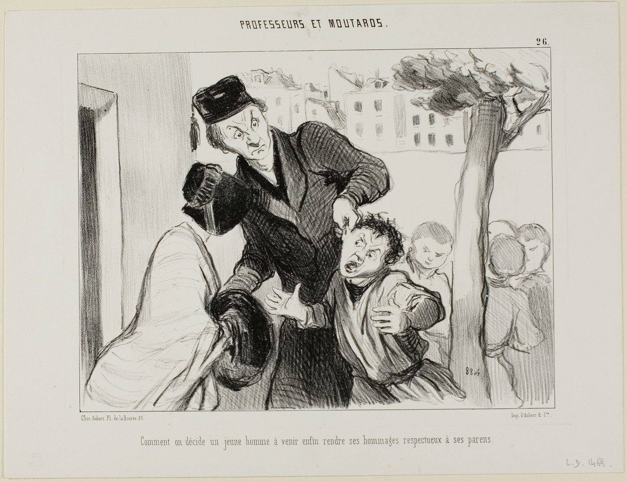 Kuinka saada nuori mies vihdoin oppimaan kunnioittamaan vanhempiaan, levy 26 teoksesta Professeurs et Moutards (Professorit ja veijarit). tekijältä Honoré Victorin Daumier