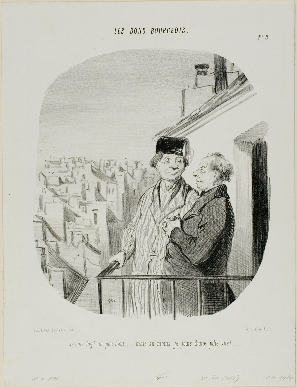 "Asun hieman korkealla... mutta ainakin nautin kauniista näköaloista", levy 8, Les Bons Bourgeois -teoksesta. tekijältä Honoré Victorin Daumier