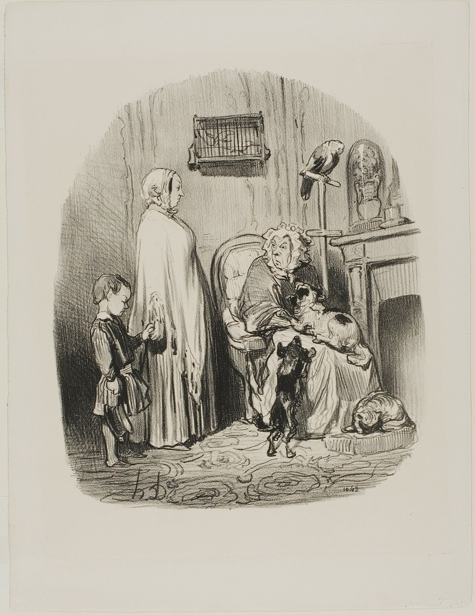 "En vuokraa ihmisille, joilla on lapsia", Locataires Et Propriétaires -lehden levy 14. tekijältä Honoré Victorin Daumier