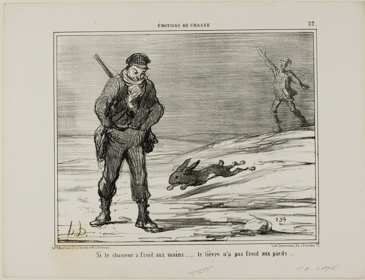 Jos metsästäjällä on kylmät kädet... jäniksellä ei ole kylmiä jalkoja, levy 22 teoksesta Émotions De Chasse tekijältä Honoré Victorin Daumier