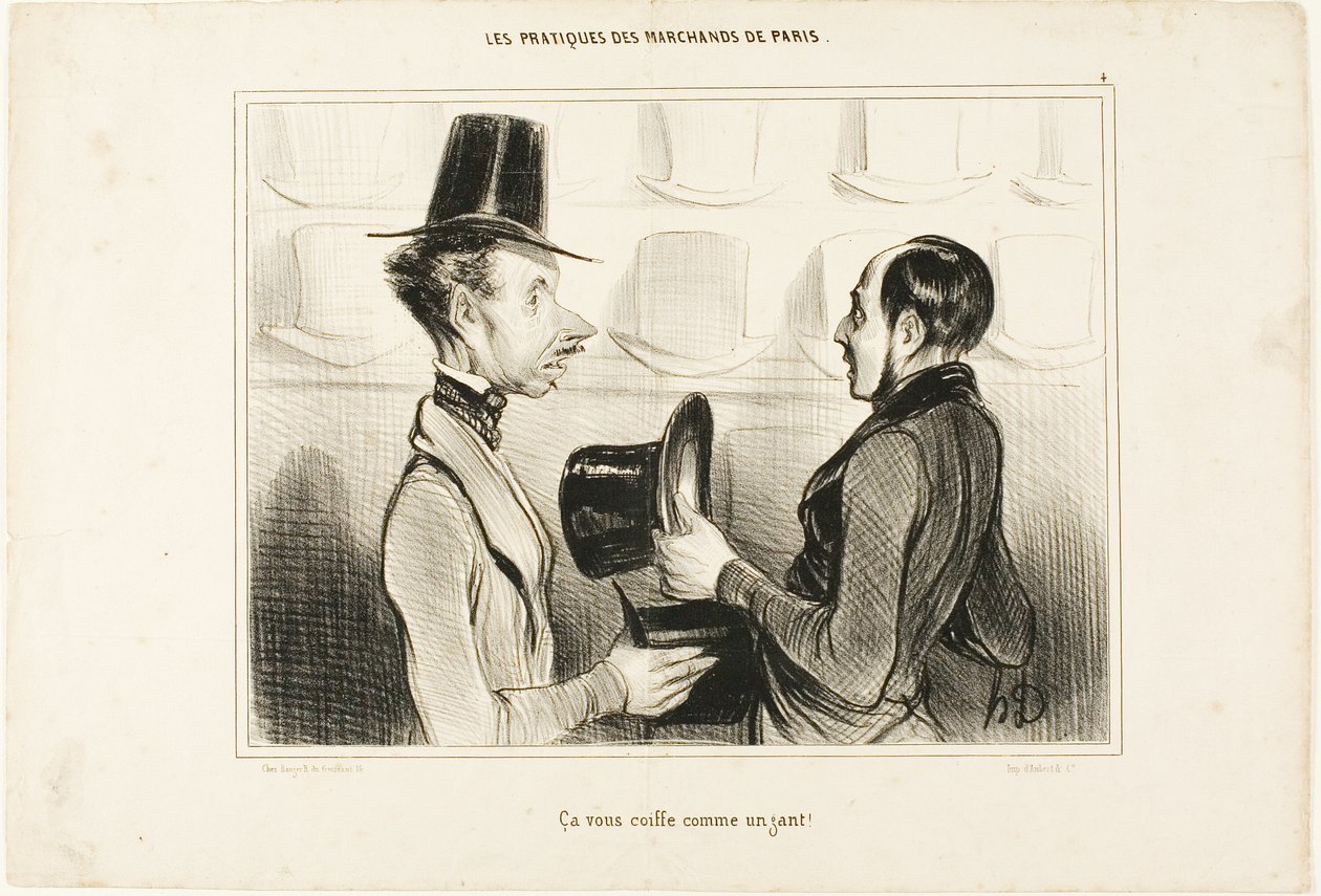 "Se sopii sinulle kuin hansikas!", kilpi 34 Types Parisiens -lehdestä. tekijältä Honoré Victorin Daumier