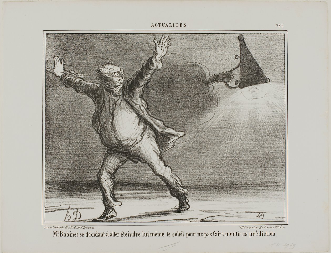 Monsieur Babinet päättää itse sammuttaa auringon, jotta hänen ennustuksensa toteutuisivat, levy 386 Actualités-lehdestä. tekijältä Honoré Victorin Daumier