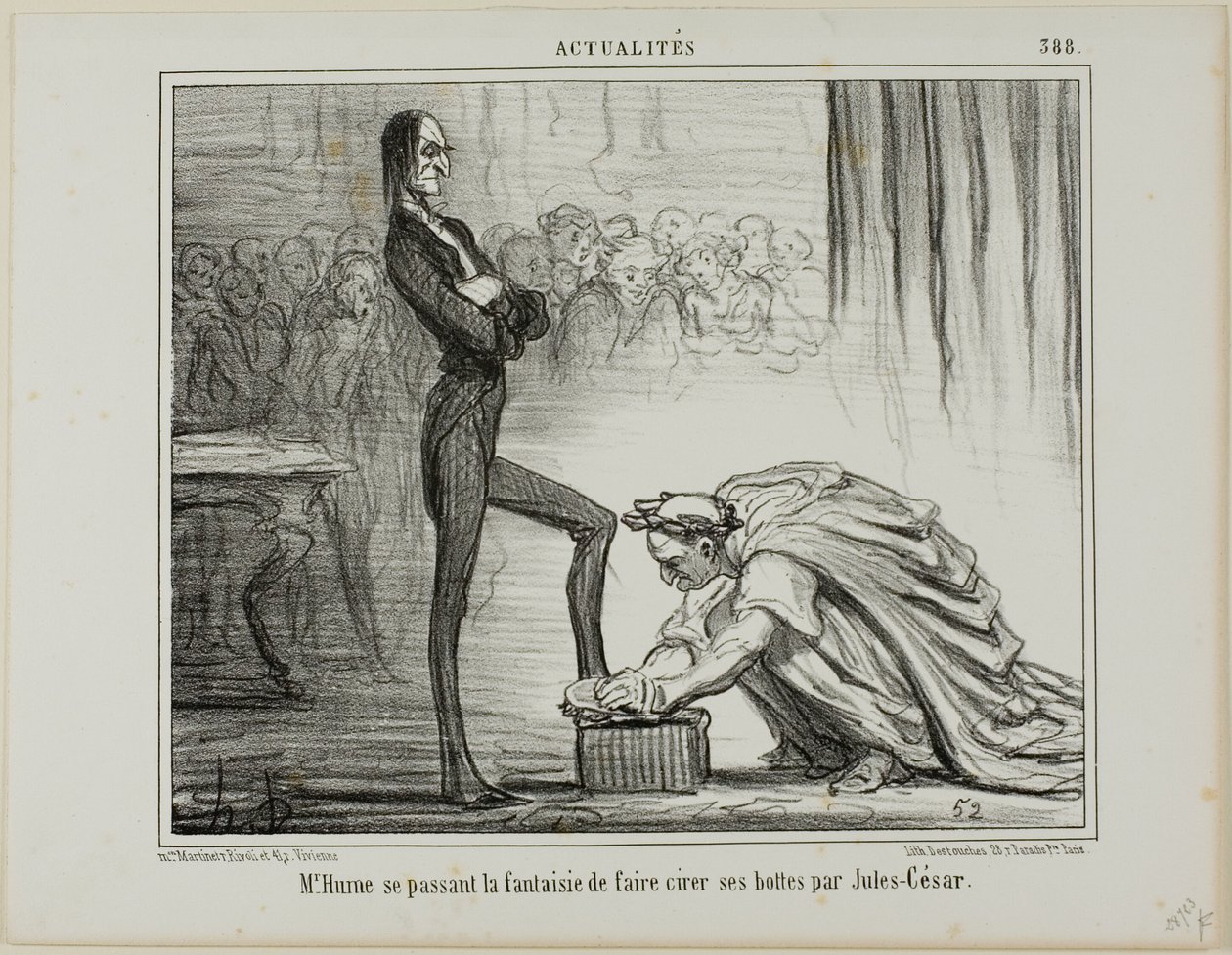 Herra Hume fantasioimassa Julius Caesarista kiillottamassa saappaitaan, laatta 388, Actualités-julkaisusta. tekijältä Honoré Victorin Daumier
