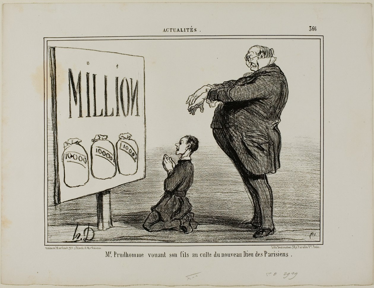 Herra Prudhomme omistaa poikansa pariisilaisten uudelle Jumalalle, Actualités-lehden levy 366. tekijältä Honoré Victorin Daumier