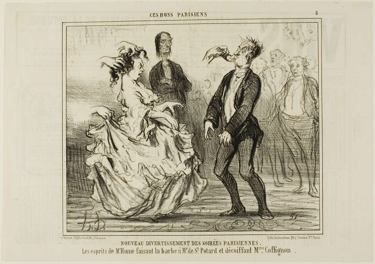 Uutta viihdettä Pariisin iltajuhlissa. Hume ajelee Monsieur de St. Potardin partaa ja avaa Madame Coffignonin hiuksia, levy 8 teoksesta Ces Bons Parisiens. tekijältä Honoré Victorin Daumier
