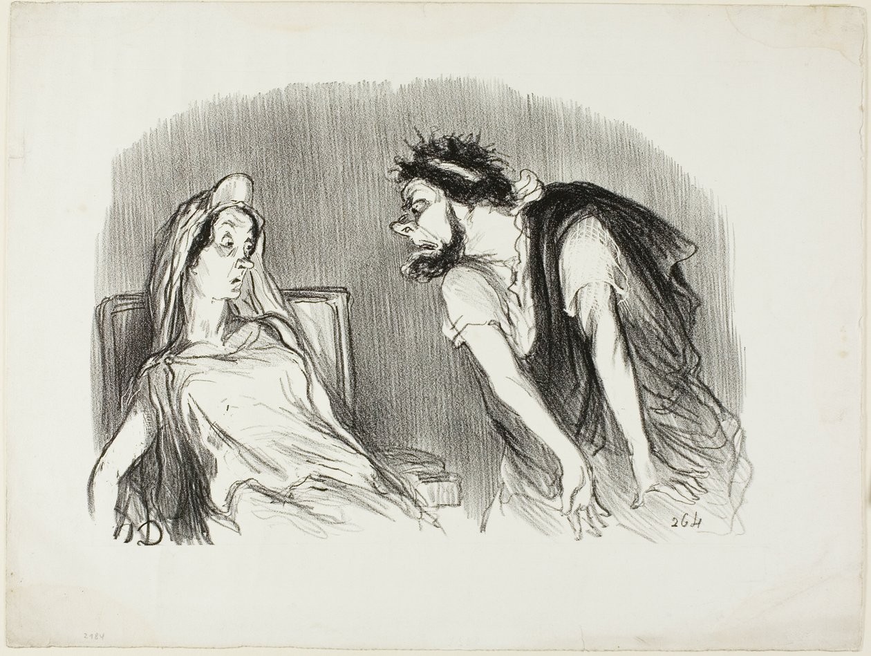 Oedipe. "- Kun miekkani viilsi hänen vertavuotavaan sydämeensä - Te vapisette, madame - Silloin maailma oli hajoamassa", levy kymmenen Physionomies tragiques -teoksesta. tekijältä Honoré Victorin Daumier