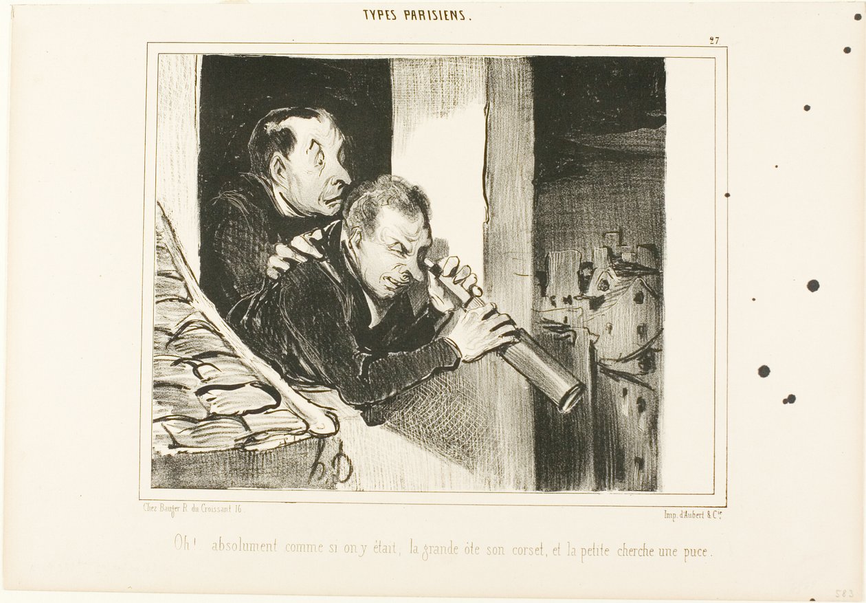 "Voi! On kuin olisimme siellä: pitkä avaa korsettinsa ja pieni etsii kirppua!", levy 27 teoksesta Types Parisiens. tekijältä Honoré Victorin Daumier