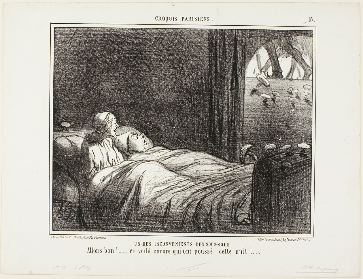 Yksi kellarissa asumisen haitoista. "Katsokaa, tässä on lisää viime yönä kasvaneita...", laatta 15 Croquis Parisiens -teoksesta. tekijältä Honoré Victorin Daumier