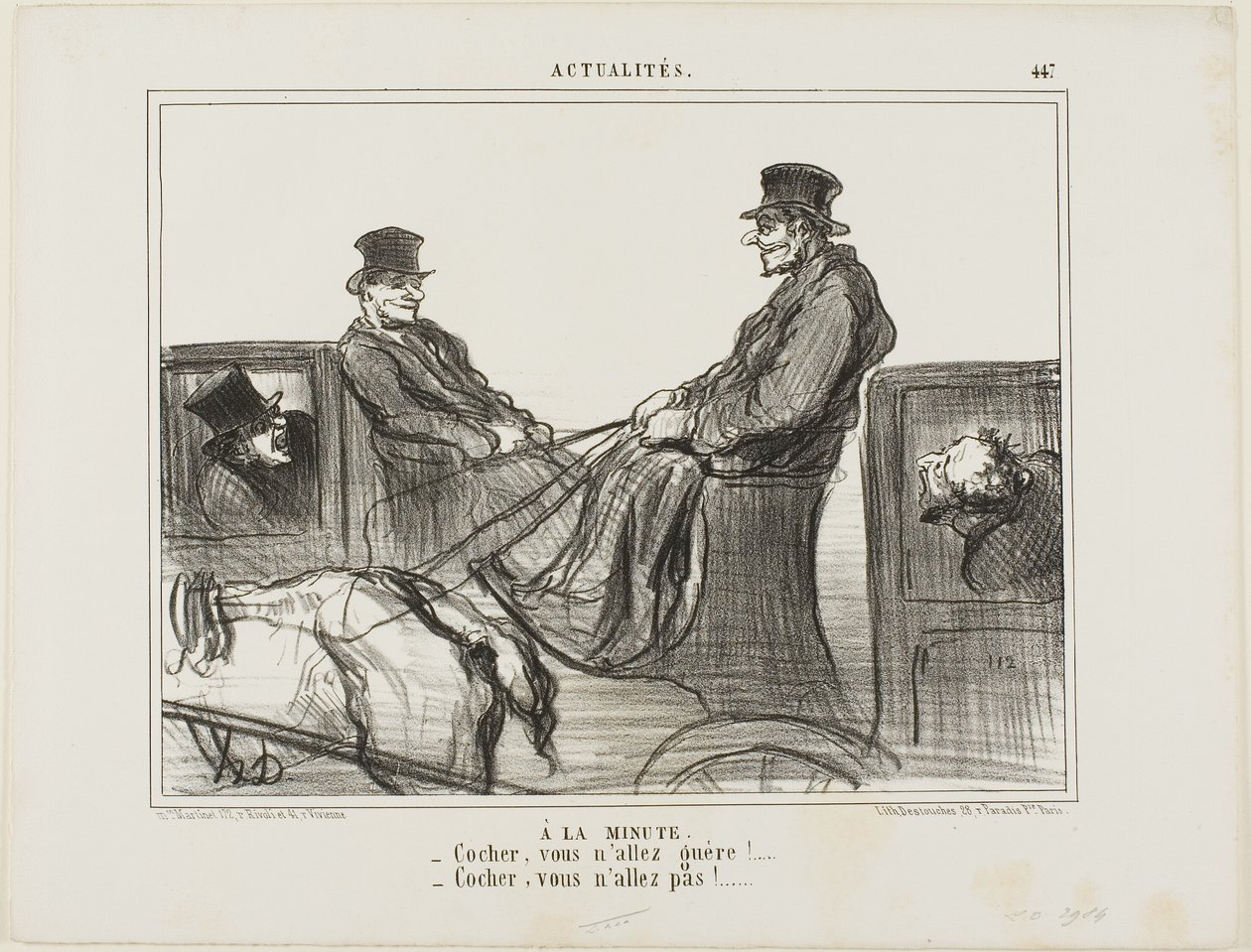 Maksetaan minuuteittain. "- Kuljettaja, sinä tuskin liikut! - Kuljettaja, et liiku lainkaan!", levy 447 Actualitésista. tekijältä Honoré Victorin Daumier