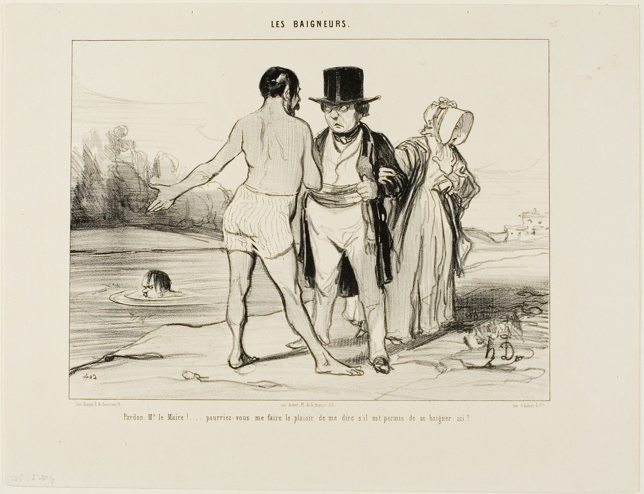 "Anteeksi, pormestari...., olisitteko niin ystävällinen ja kertoisitte minulle, onko uiminen täällä sallittua", lautanen 25 Les Baigneurs -lehdestä. tekijältä Honoré Victorin Daumier