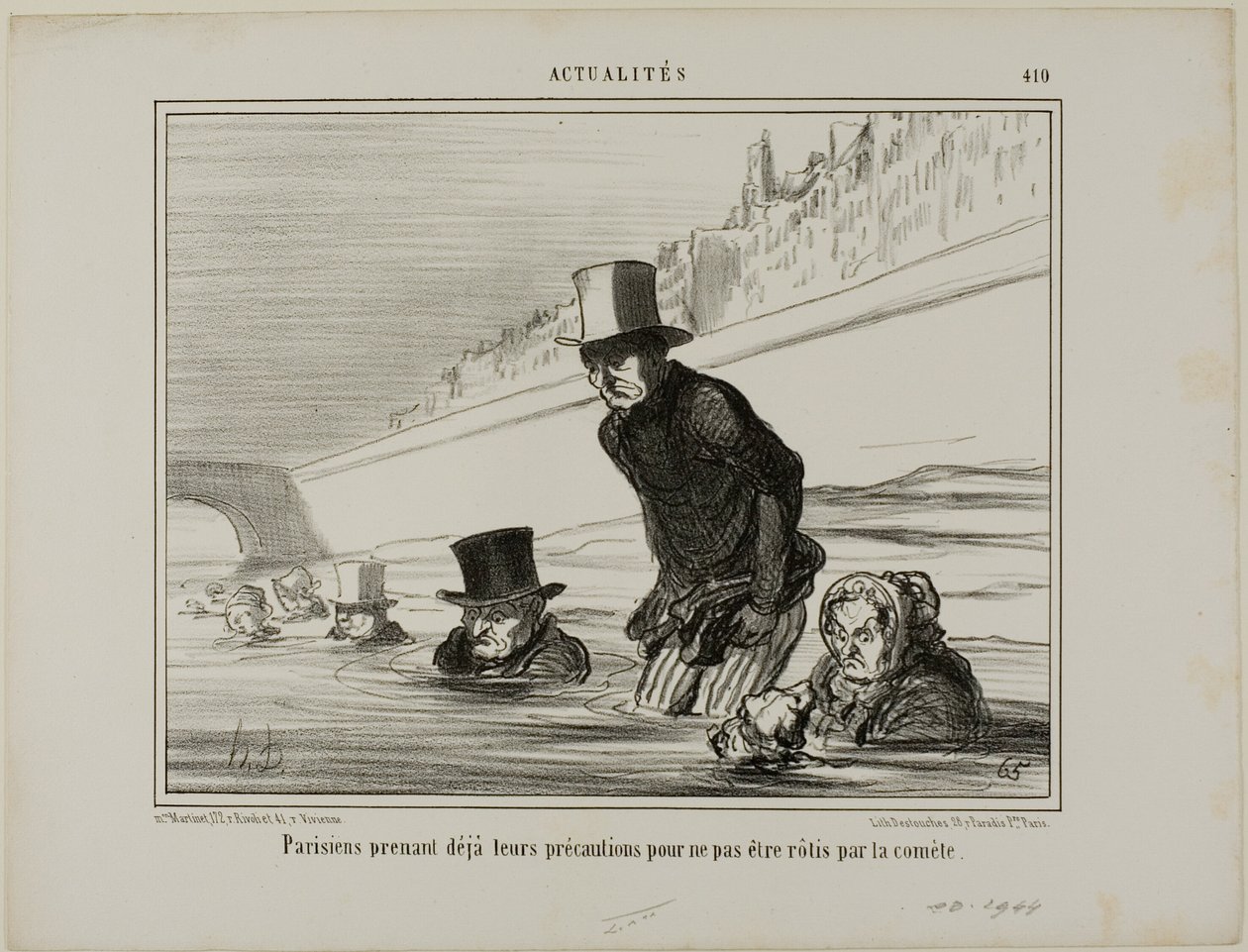 Pariisilaiset ryhtyvät jo varotoimiin välttääkseen komeetan paahtamisen, levy 410 Actualitésista tekijältä Honoré Victorin Daumier