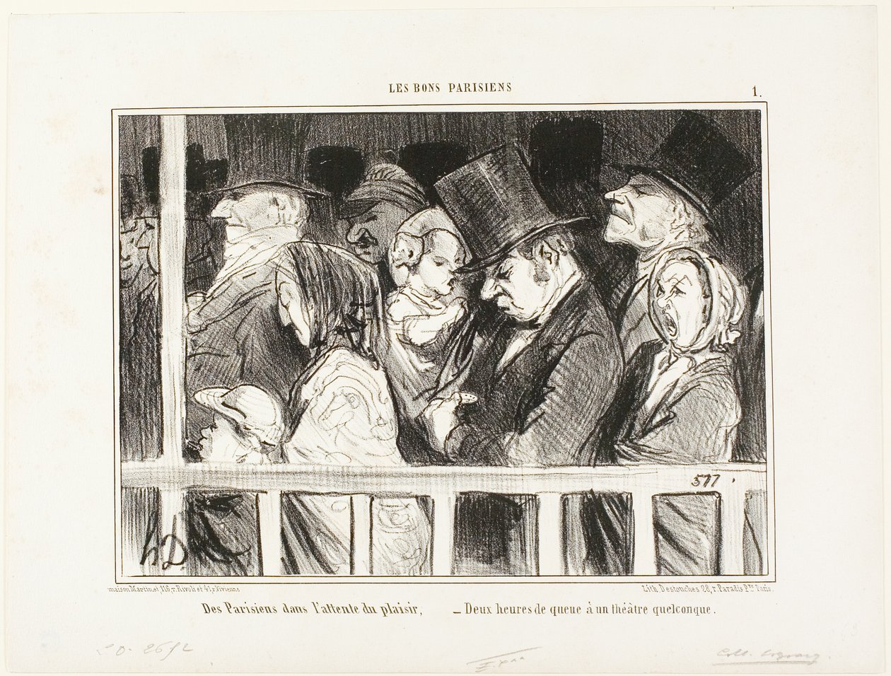 Pariisilaiset odottavat hauskanpitoa. Kaksi tuntia jonossa minkä tahansa teatterin edessä kaupungissa, levy 1 Les Bons Parisiensista tekijältä Honoré Victorin Daumier