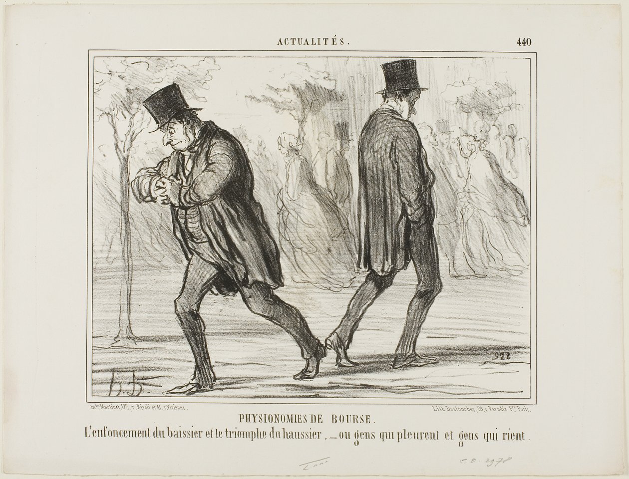 Pörssin fysiografia. Baissierin epätoivo ja haussierin riemuvoitto - tai itku ja nauru, levy 440 alkaen Actualités tekijältä Honoré Victorin Daumier