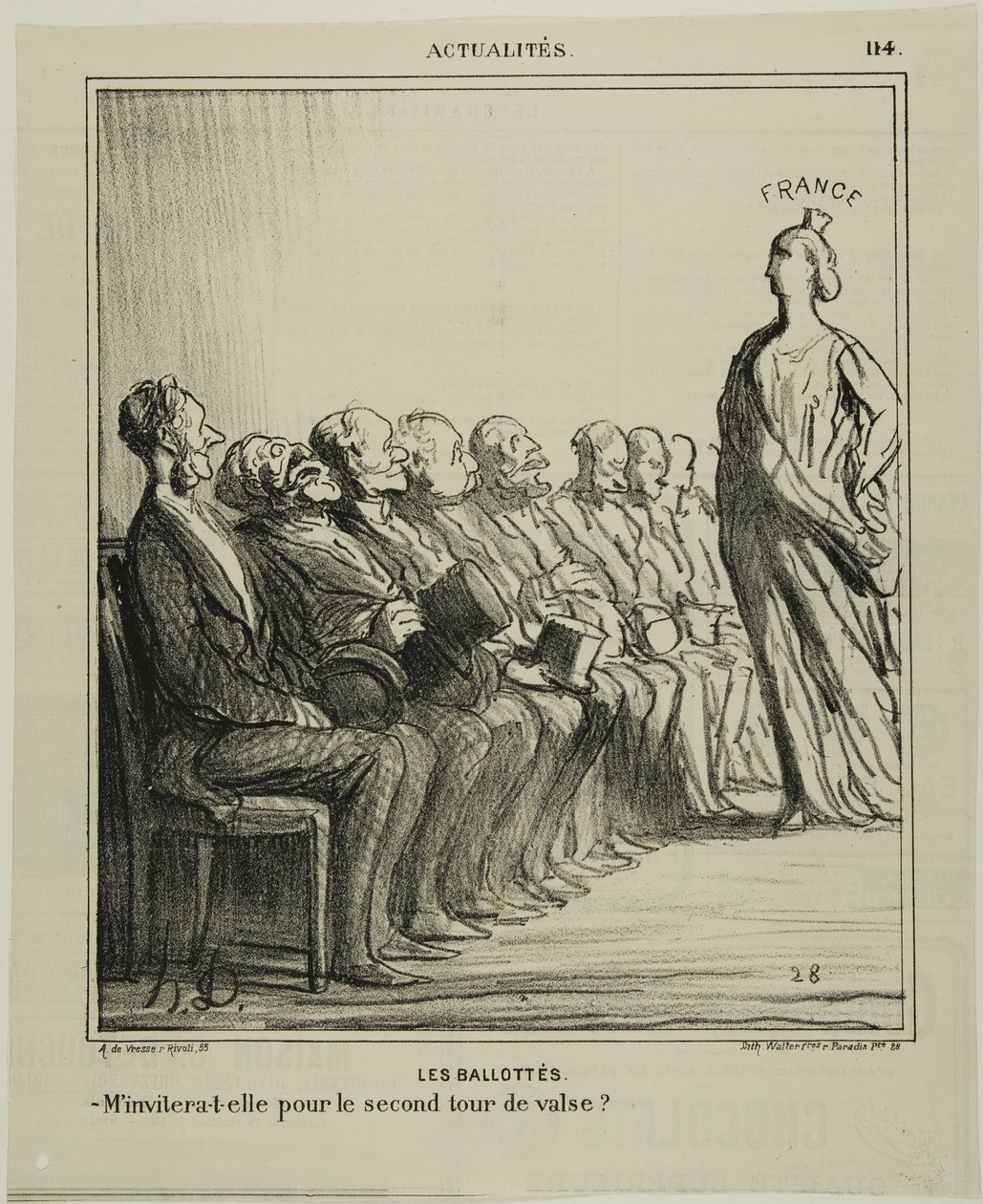 Vaalien järjestäminen. "- Kutsuuko hän minut toiselle valssille", levy 114 Actualitésista. tekijältä Honoré Victorin Daumier