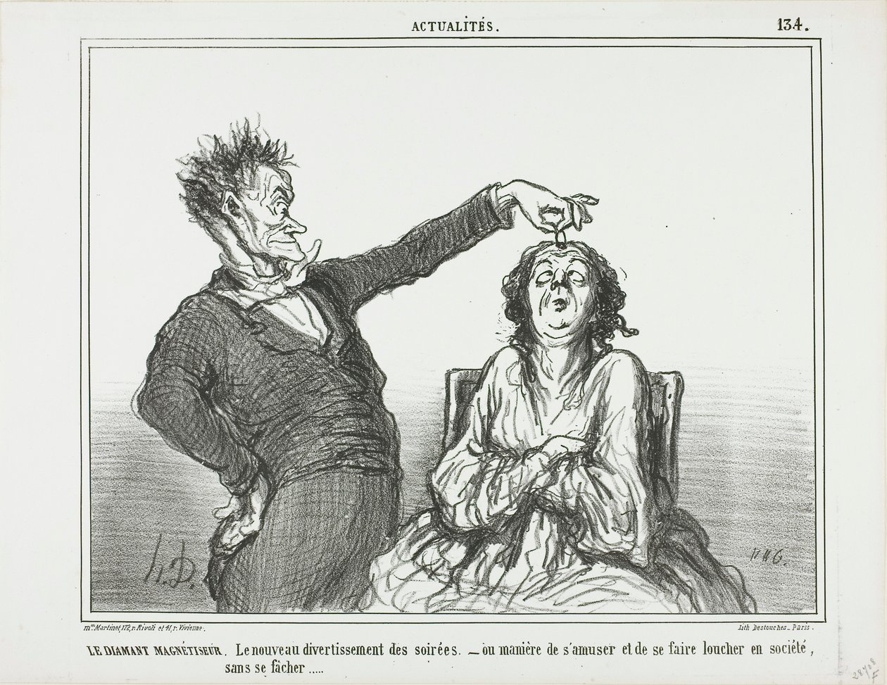 Timanttihypnotisoija. Uusi harrastus iltajuhlissa - tai miten pitää hauskaa ja saada joku siristelemään silmiään joutumatta vaikeuksiin, levy 134 alkaen Actualités tekijältä Honoré Victorin Daumier