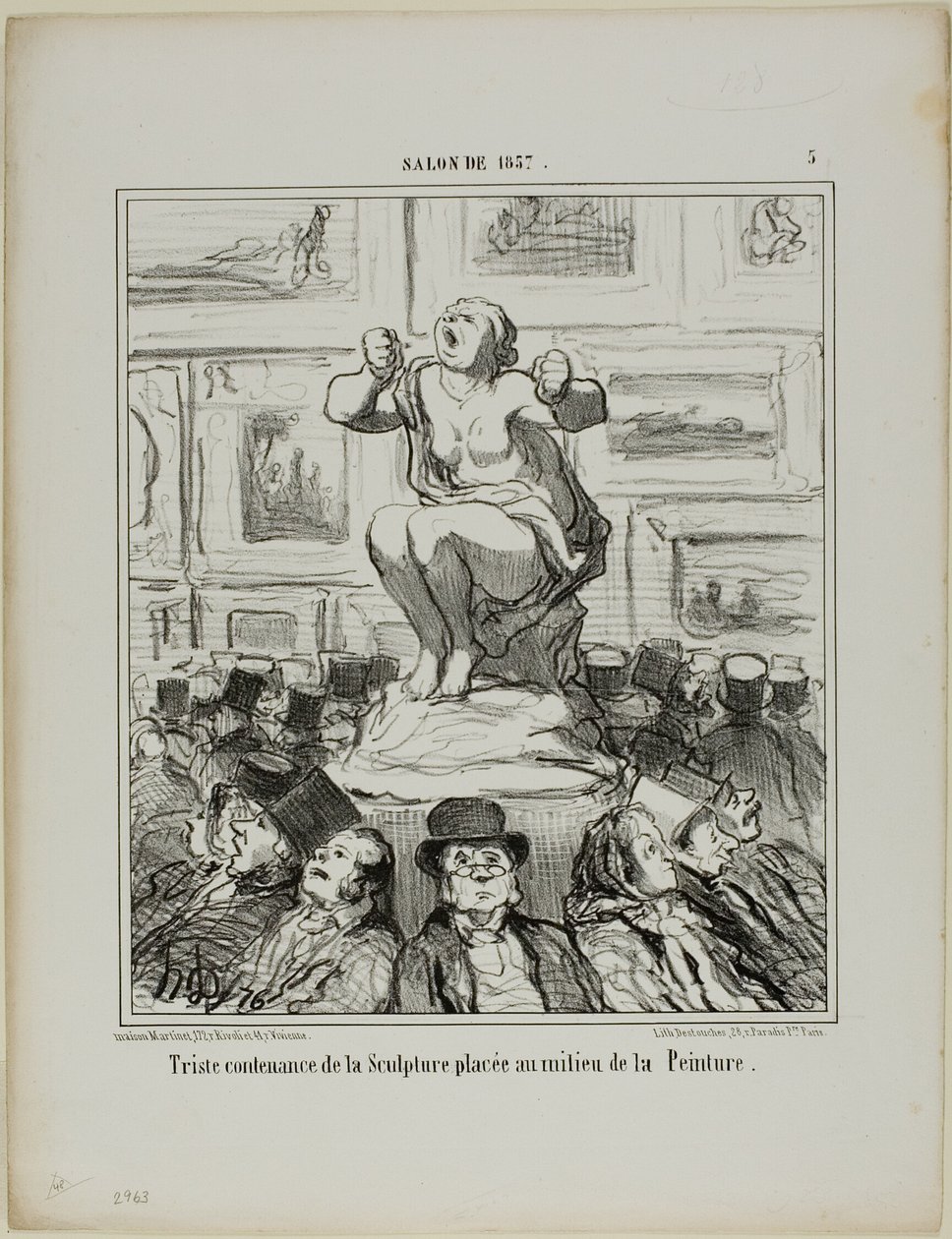 Keskelle maalausten näyttelyä sijoitetun veistoksen tyytymättömyys, levy 5 Salon De 1857 -näyttelystä. tekijältä Honoré Victorin Daumier