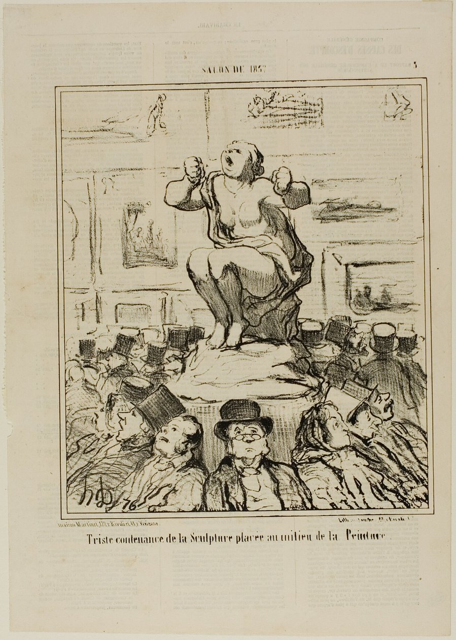 Keskelle maalausten näyttelyä sijoitetun veistoksen tyytymättömyys, levy 5 Salon De 1857 -näyttelystä. tekijältä Honoré Victorin Daumier