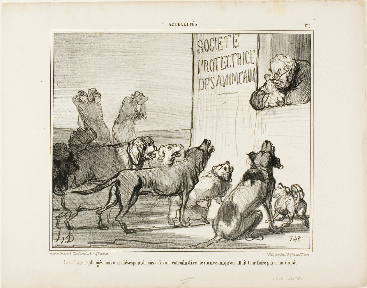 Koirat ovat jälleen epätoivoissaan kuultuaan, että koirien ajokorttivero tulee sittenkin, levy 171 alkaen Actualités tekijältä Honoré Victorin Daumier