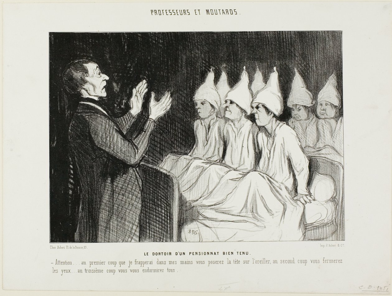 Erään arvostetun sisäoppilaitoksen asuntola, levy 14 teoksesta Professeurs et Moutards (Professorit ja veijarit). tekijältä Honoré Victorin Daumier