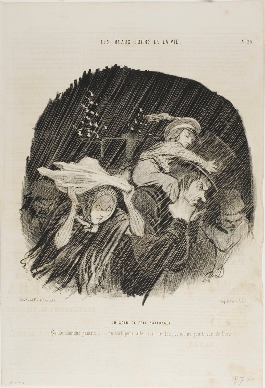 Kansallispäivän ilta. Se ei koskaan petä... menet ulos katsomaan ilotulitusta, ja saat vain vesipeltiä!, levy 20 teoksesta Les Beaux Jours De La Vie. tekijältä Honoré Victorin Daumier